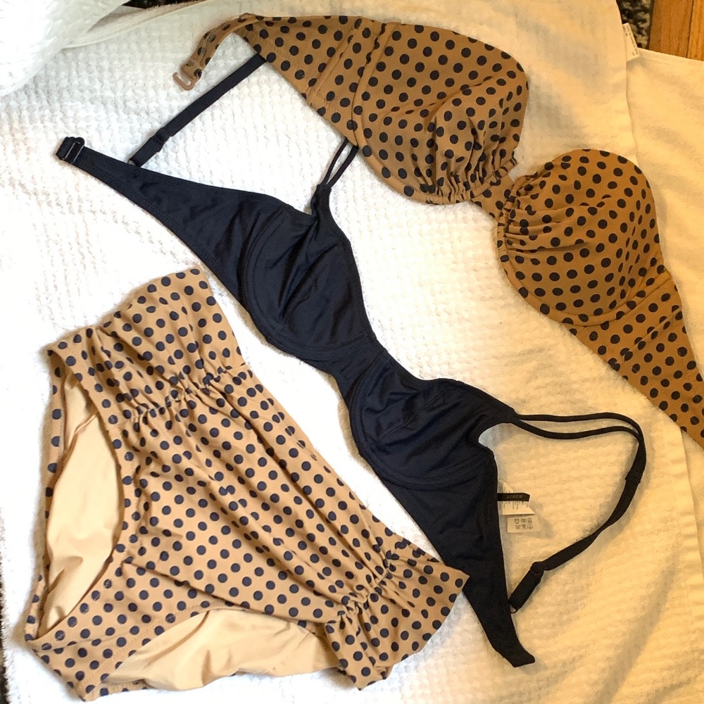 EUC JCrew Navy and Tan 3-Pc Bikini Set szM / 32D